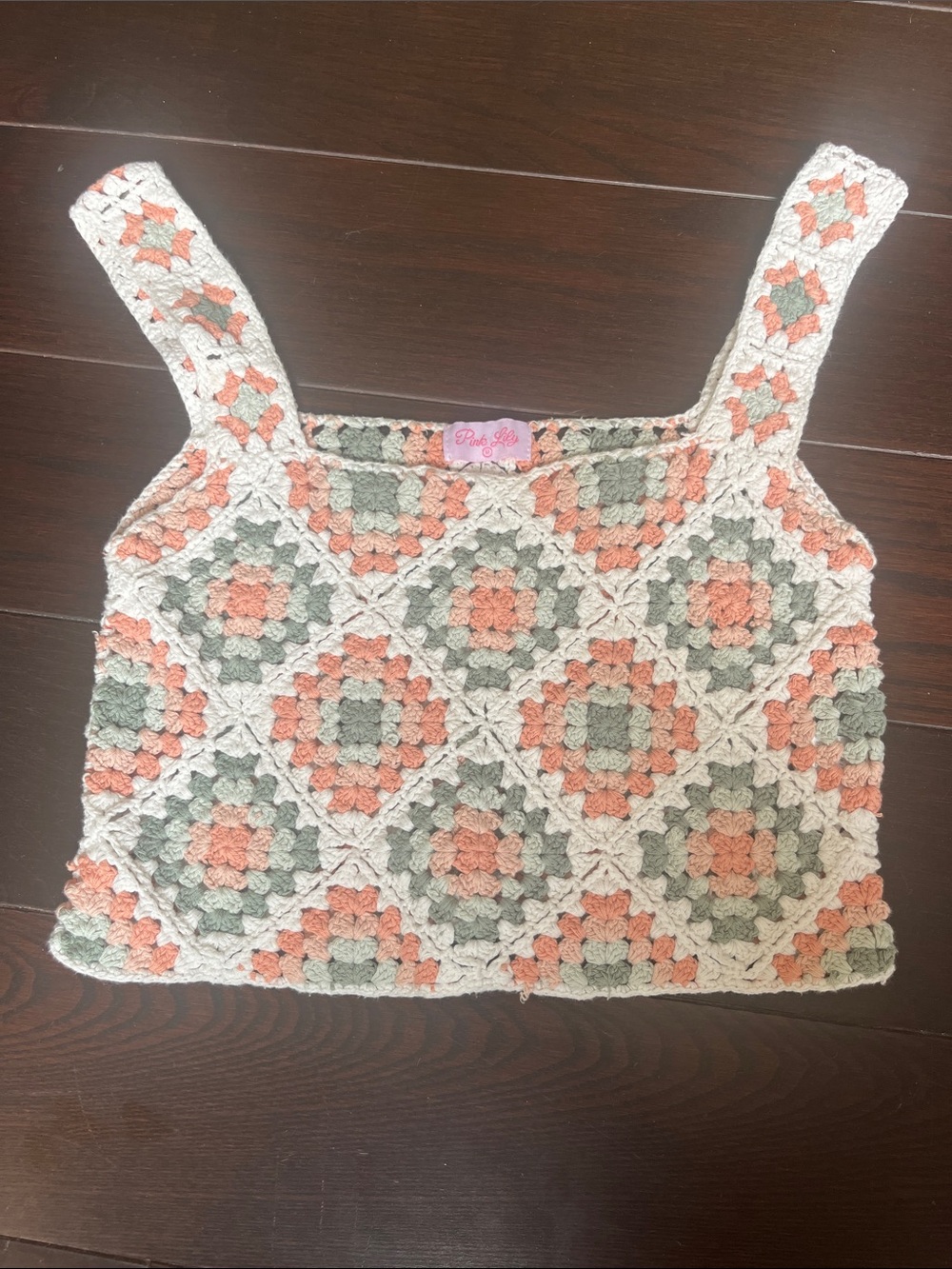 Pink Lily Crochet Granny Square Crop Top in Cream, Peach & Sage Boho 70s sz Med